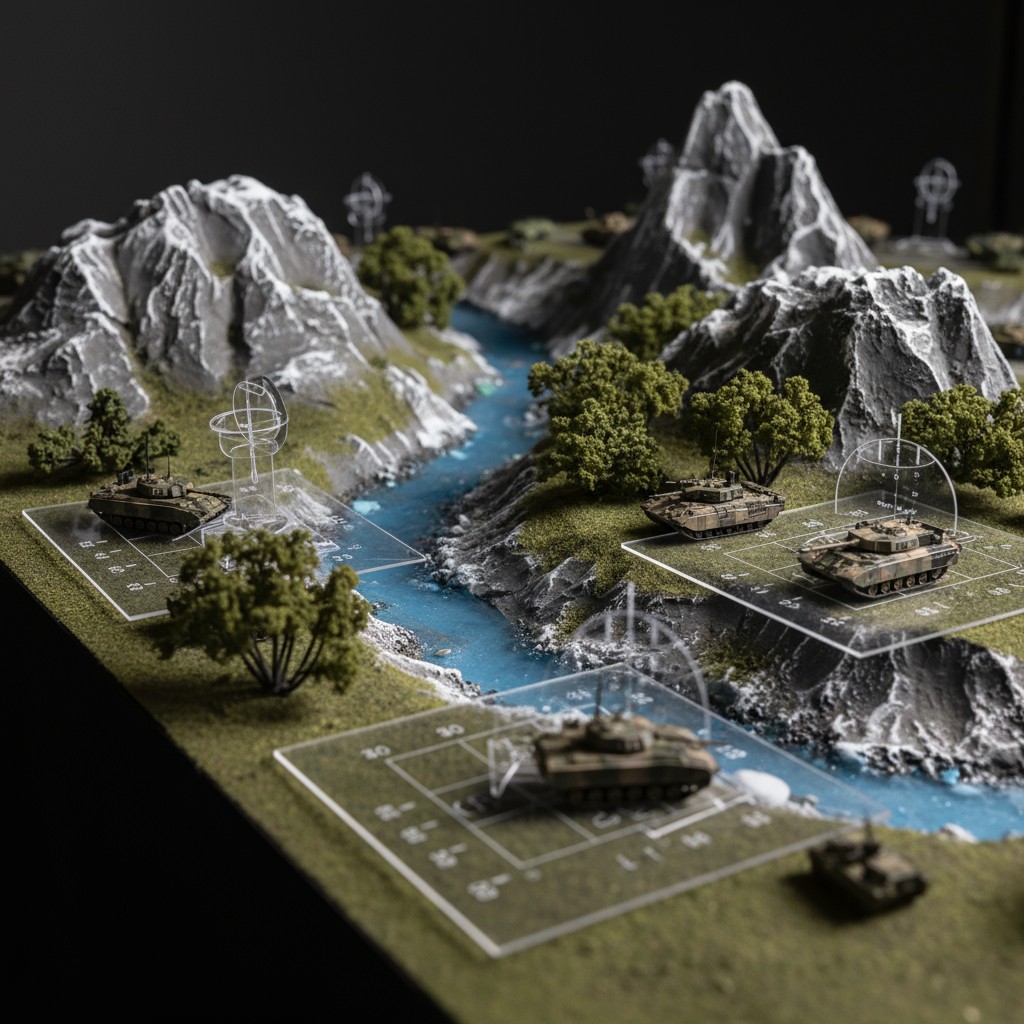 A 3D model of a battlefield with tanks, mountains, trees, and blue water in a river, and a black background.